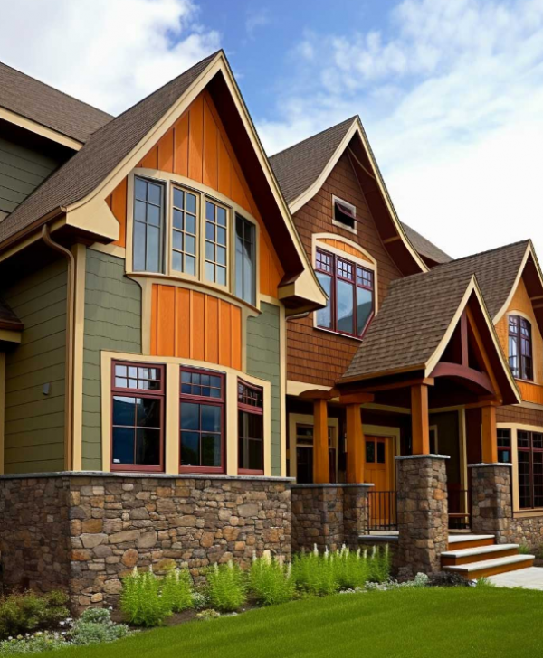 Desain rumah dengan kombinasi batu dan kayu yang menciptakan kesan alami dan klasik